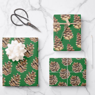 Holiday Pine Cones On Green Wrapping Paper Sheet