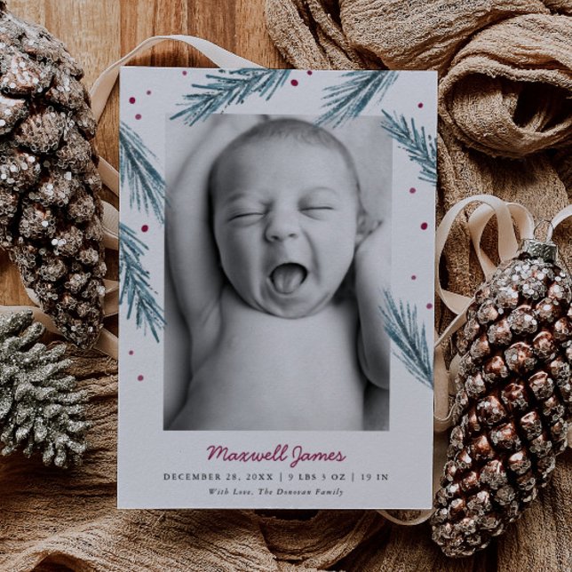 Holiday Pine Leaves and Berries Multi Photo Birth Announcement (Creator Uploaded)