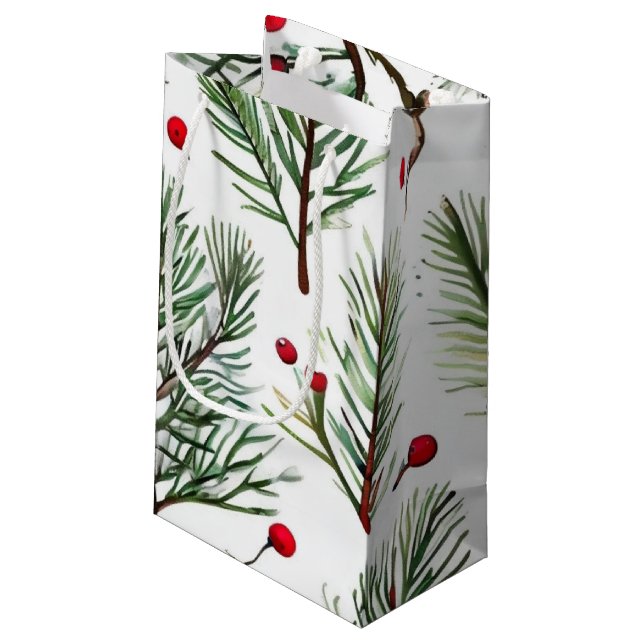 Holiday Pine & Red Berries Woodland Design Small Gift Bag (Back Angled)