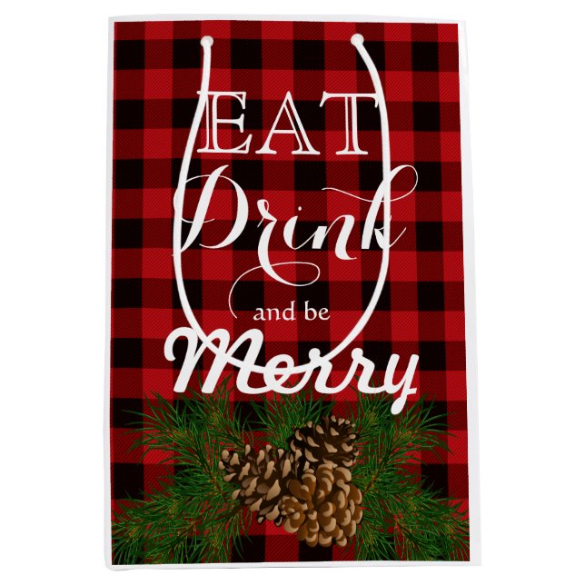 Holiday pinecone red plaid medium gift bag (Front)