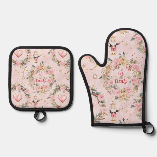Holiday Pink Merry Nutcracker Beaux Custom Wreath Oven Mitt & Pot Holder Set (Front)