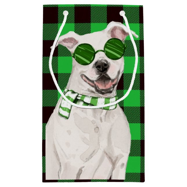 Holiday Pit Bull and Green Plaid Christmas Small Gift Bag (Back)