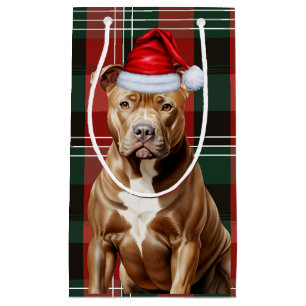 Holiday Pit Bull Dog Red and Green Plaid Christmas Small Gift Bag