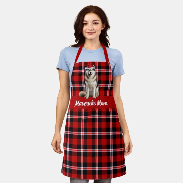 Holiday Plaid Alaskan Malamute Santa Dog Christmas Apron (Worn)