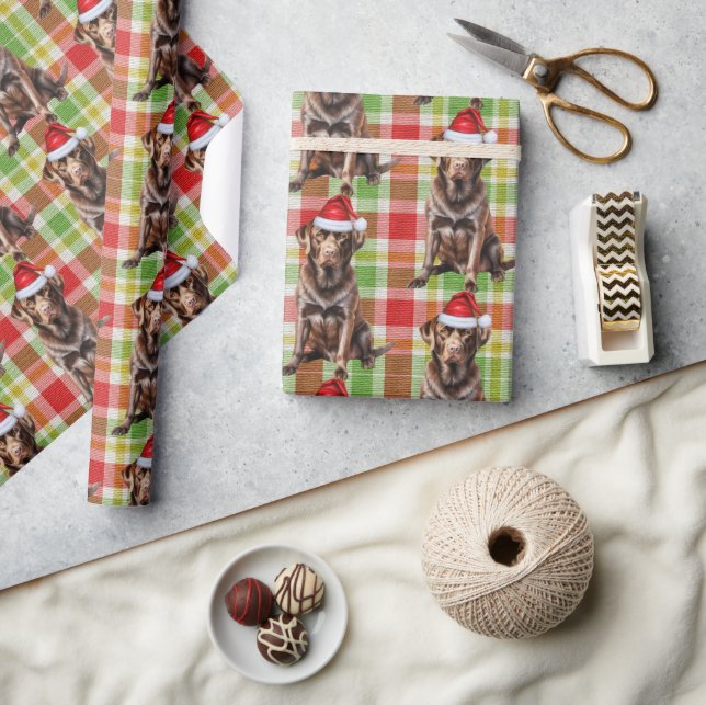Holiday Plaid Chocolate Lab Santa Dog Christmas Wrapping Paper (Crafts)