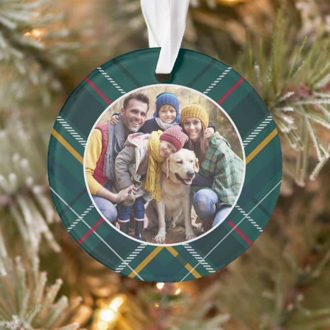Holiday plaid frame family photo green Christmas Ornament (Tree)