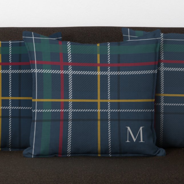 Holiday plaid navy Christmas monogram colourful Cushion (Creator Uploaded)