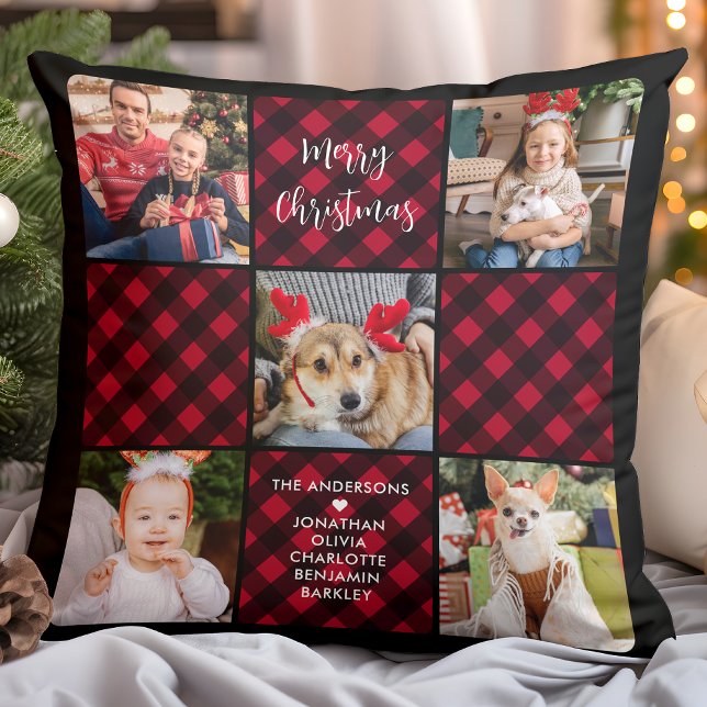 Holiday Plaid Personalised Unique 5 Photo Collage Cushion (Creator Uploaded)