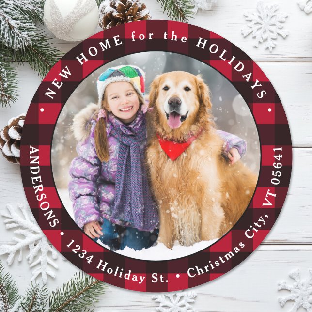Holiday Plaid Photo New Address Moving Christmas  Classic Round Sticker (Creator Uploaded)