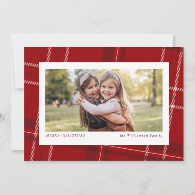 Holiday plaid red horizontal Christmas photo card (Front)