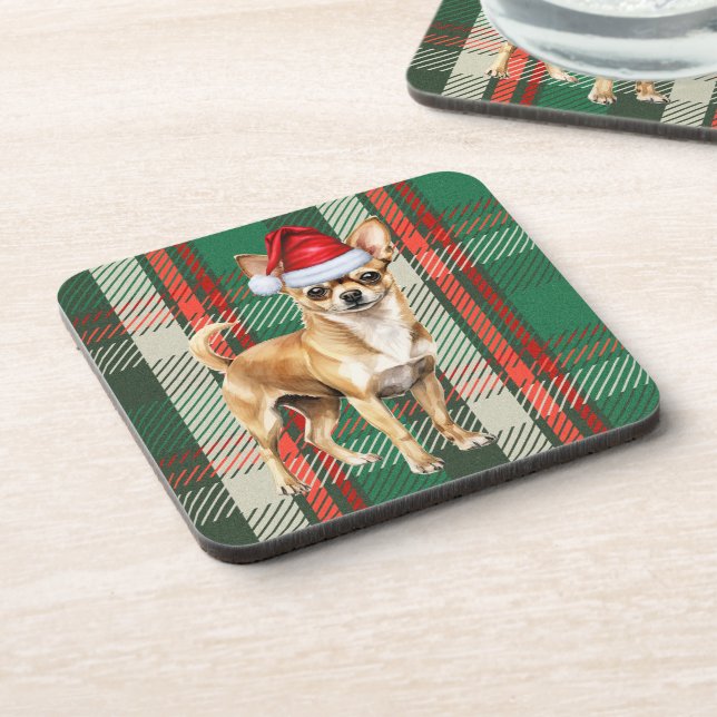 Holiday Plaid Tan Chihuahua Santa Dog Coaster (Left Side)