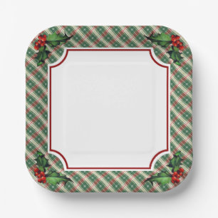 Holiday Plaid with Holly Paper Plate