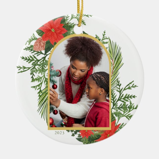 Holiday Poinsettia and Greenery Photo Ceramic Tree Decoration (Front)