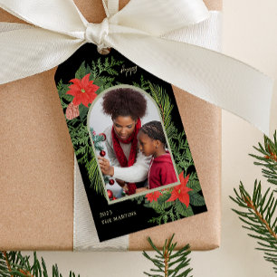 Holiday Poinsettia and Greenery Photo Christmas Gift Tags