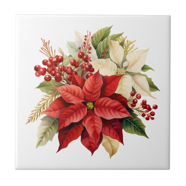 Holiday Poinsettia Floral Ceramic Tile (Front)