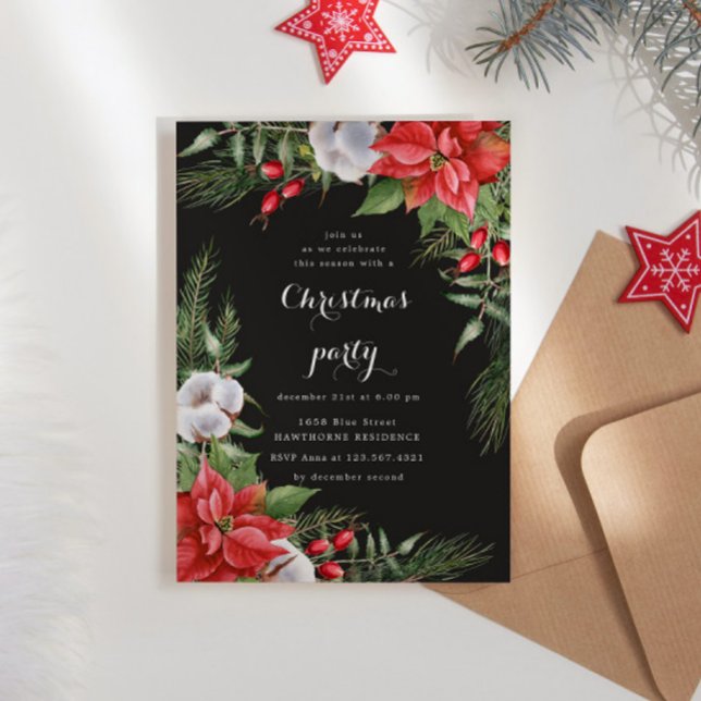 Holiday Poinsettia Greenery Christmas Party  Invitation (Creator Uploaded)