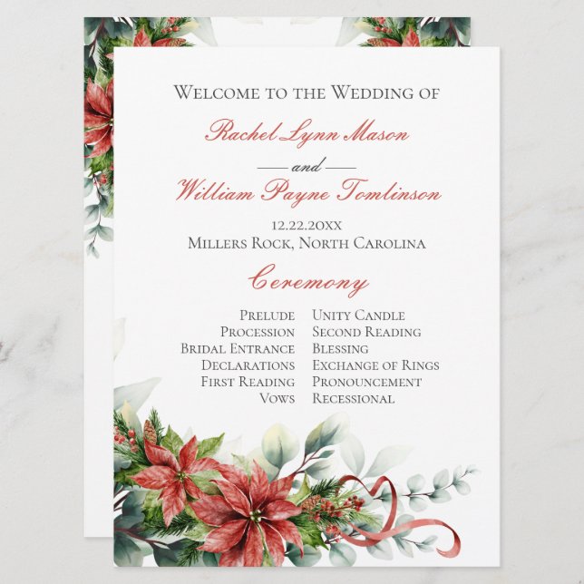 Holiday Poinsettia Wedding Program Invitation (Front/Back)