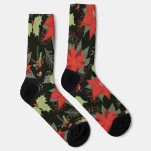 Holiday Poinsettias and Holly Festive Socks