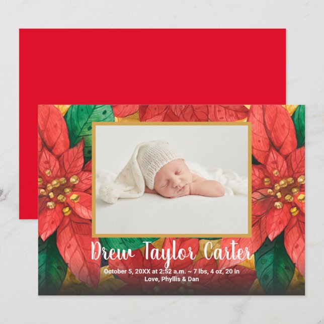 Holiday Poinsettias Baby Photo Birth Announcements (Front/Back)