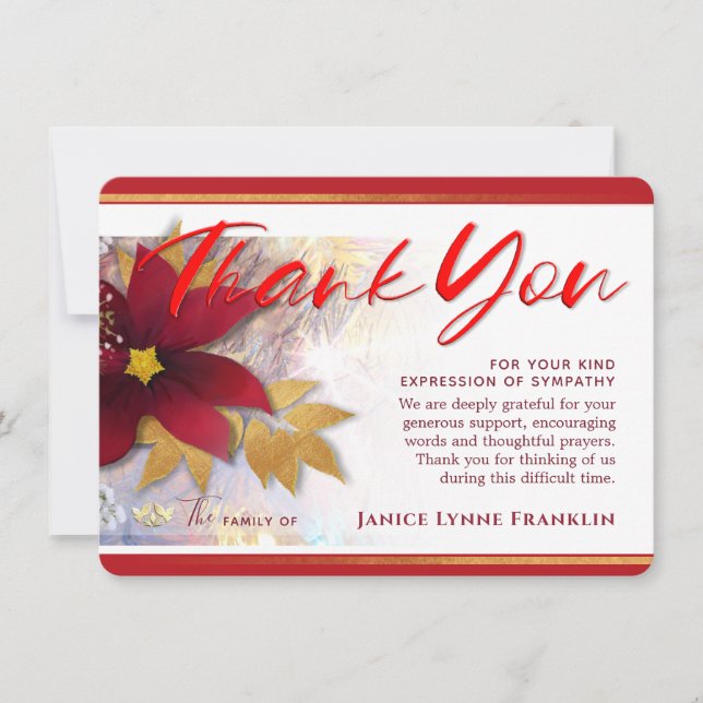 Holiday Pointsettia Red Sympathy Thank You Card (Front)