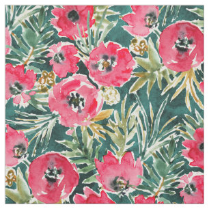 HOLIDAY POPPIES Red Green Lush Floral Fabric
