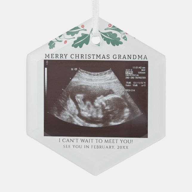 Holiday Pregnancy Announcement Baby Scan Grandma Glass Tree Decoration (Front)