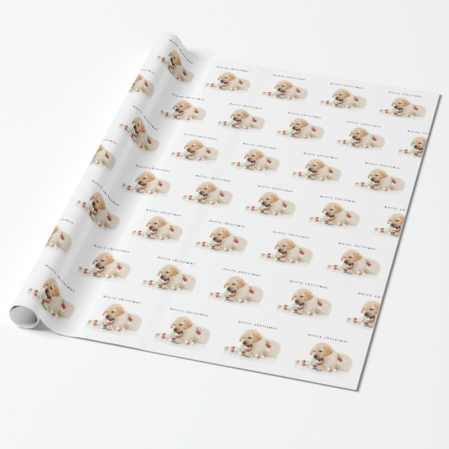 Holiday Puppy Playtime Merry Christmas Wrapping Paper (Unrolled)