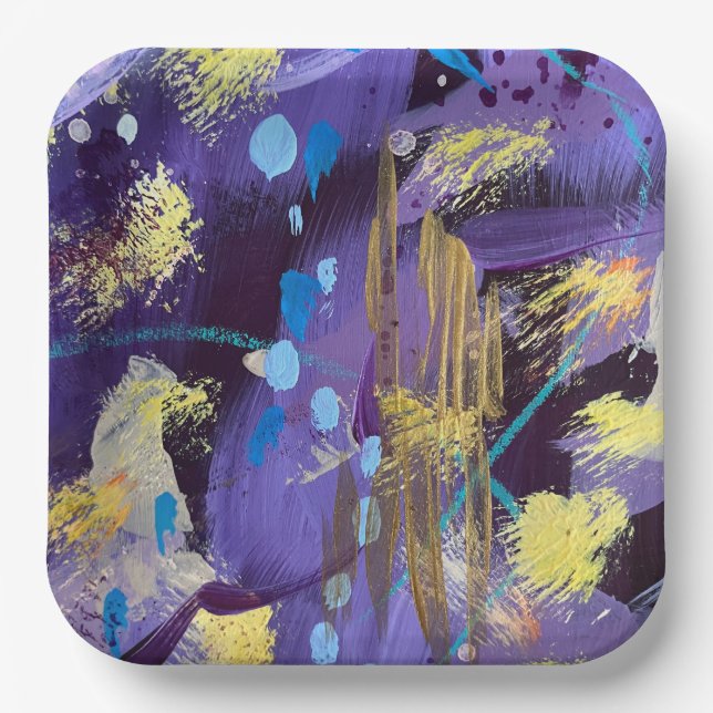 Holiday Purple, Blue, and Gold Abstract Art Paper Plate (Front)