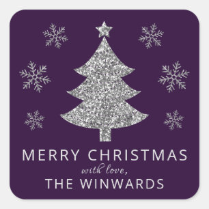 Holiday Purple & Silver Glitter Christmas Tree Square Sticker