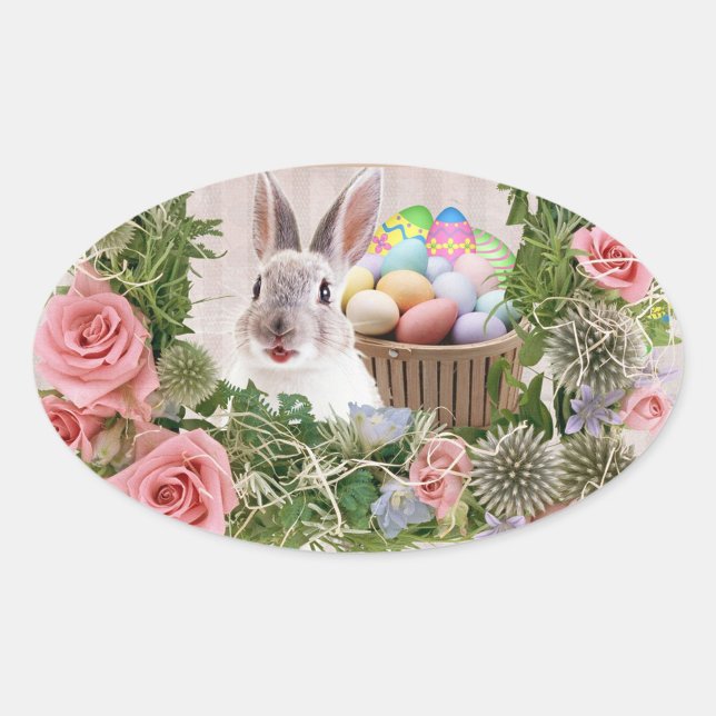 Holiday Rabbit Oval Sticker (A charming scene unfolds as a fluffy rabbit peeks playfully from a lush floral arrangement.)