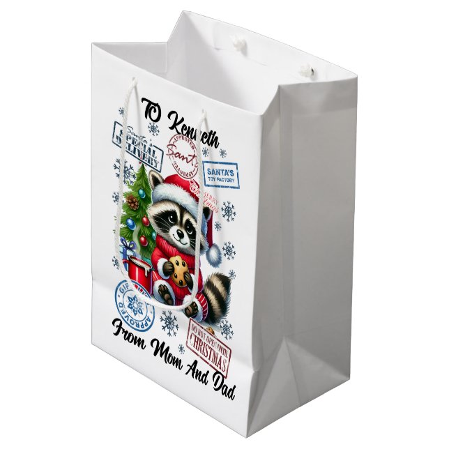 Holiday Racoon With Gifts Medium Gift Bag (Front Angled)