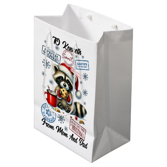 Holiday Racoon With Gifts Medium Gift Bag (Front Angled)