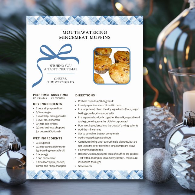 Holiday Recipe Mincemeat Muffins Christmas Card (Dusty Blue Check Holiday Recipe Mincemeat Muffins Christmas Card)
