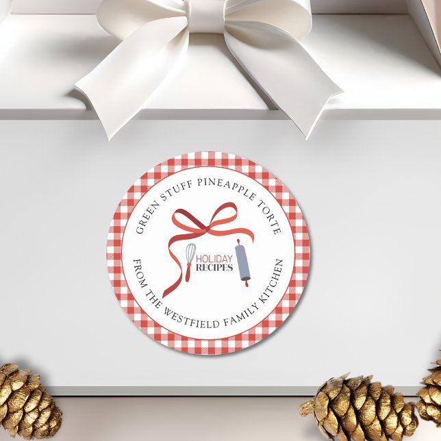 Holiday Recipes Homemade Food Gift Label (Holiday Recipes Red Check Green Stuff -or Your Recipe- Christmas Food Gift Sticker)