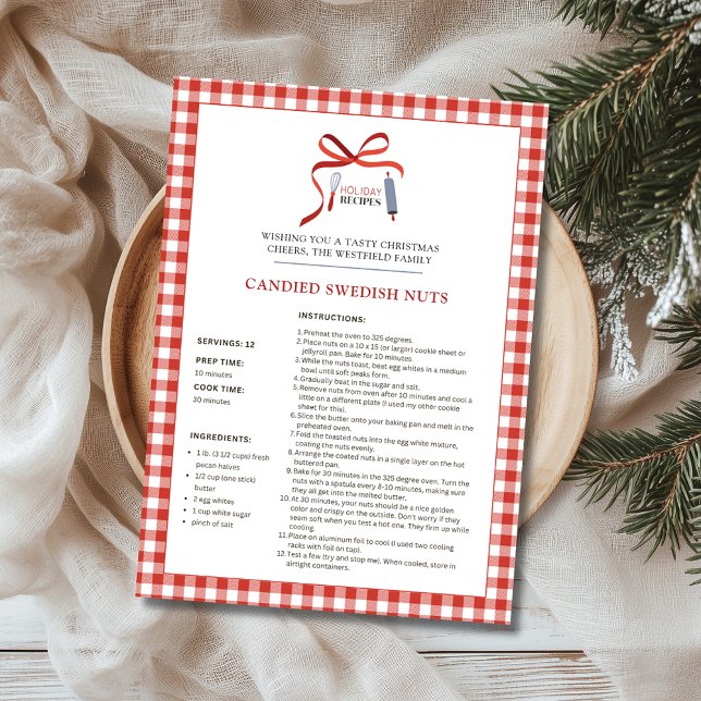 Holiday Recipes Swedish Nuts Christmas Card (Candied Swedish Nuts Red Check Buffalo Plaid Holiday Recipe Christmas Card)