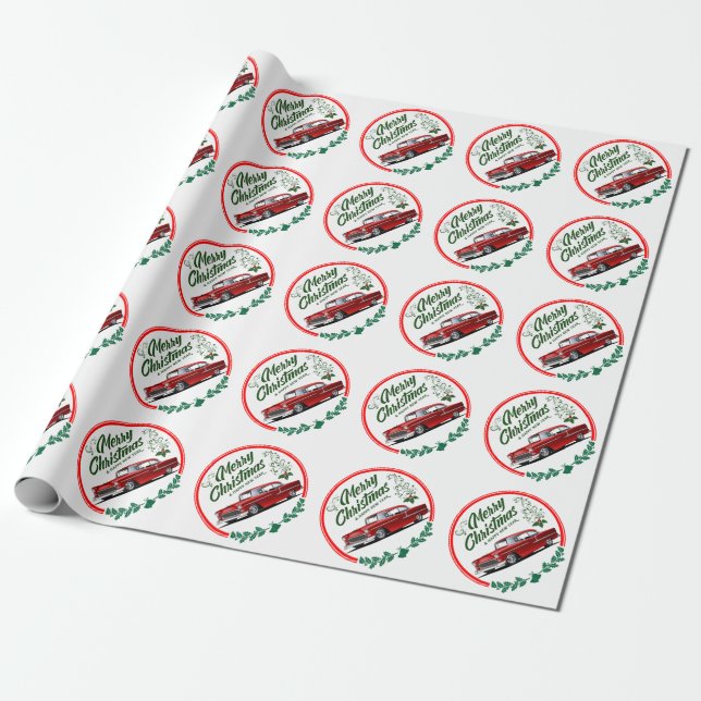 Holiday Red 1955 Classic Car Wrapping Paper (Unrolled)
