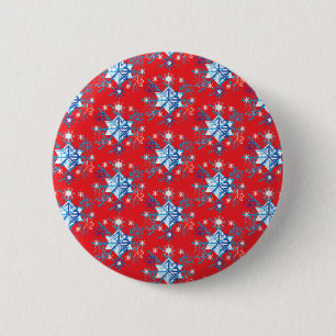 Holiday red and blue snowflakes and stars 6 cm round badge