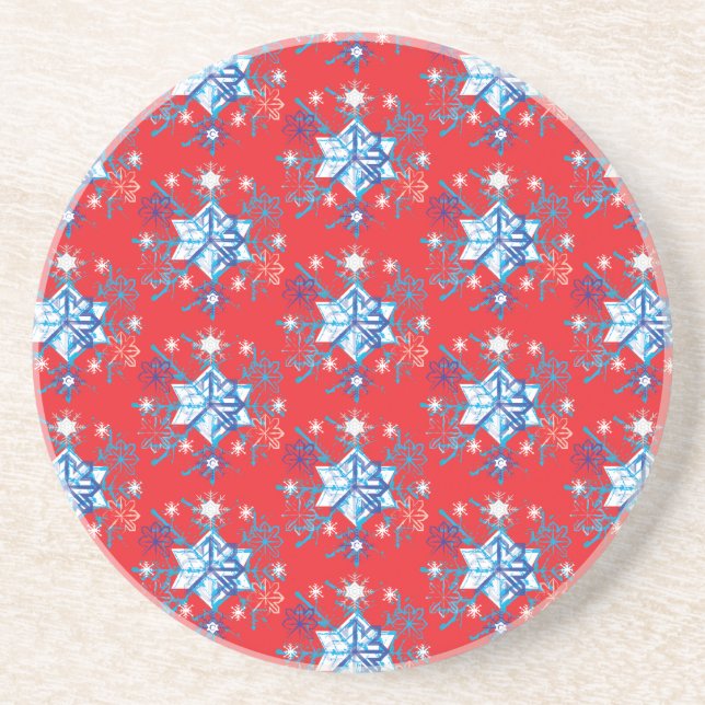 Holiday red and blue snowflakes and stars coaster (Front)
