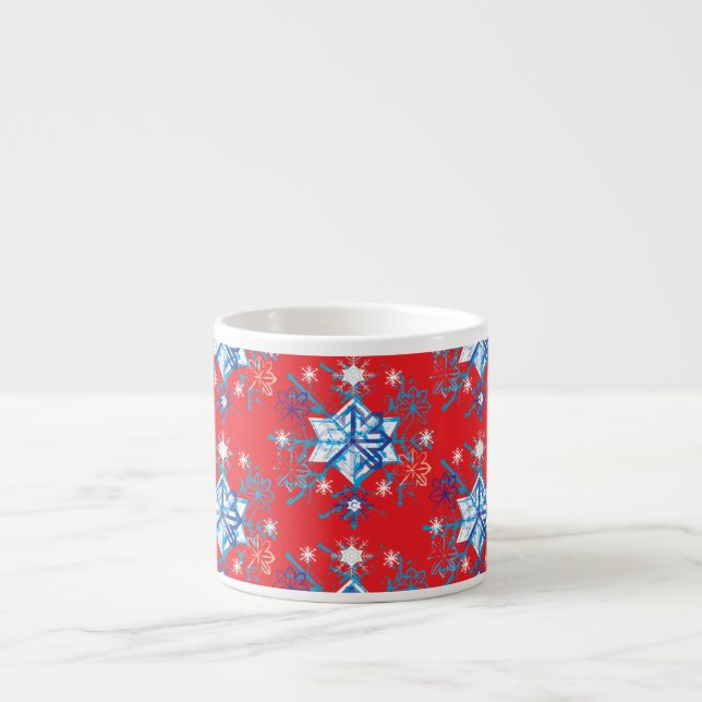 Holiday red and blue snowflakes and stars espresso cup (Front)