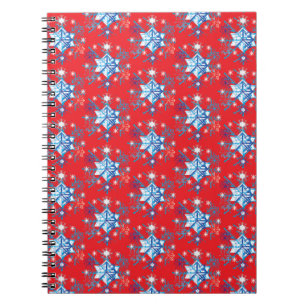 Holiday red and blue snowflakes and stars spiral notebook