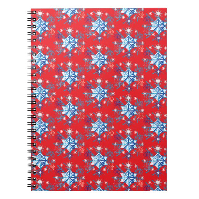 Holiday red and blue snowflakes and stars spiral notebook (Front)