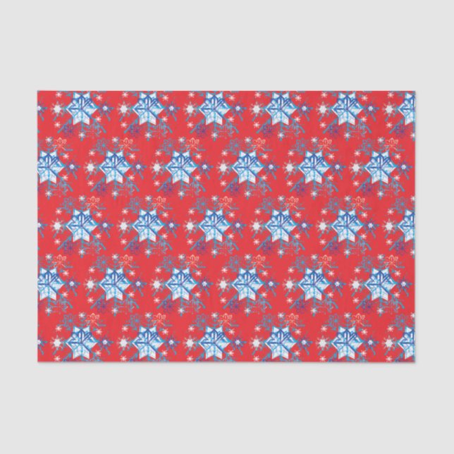 Holiday red and blue snowflakes and stars tissue paper (Front)