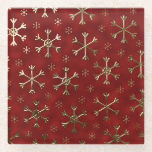 Holiday Red and Gold Metal Christmas Snowflakes Glass Coaster