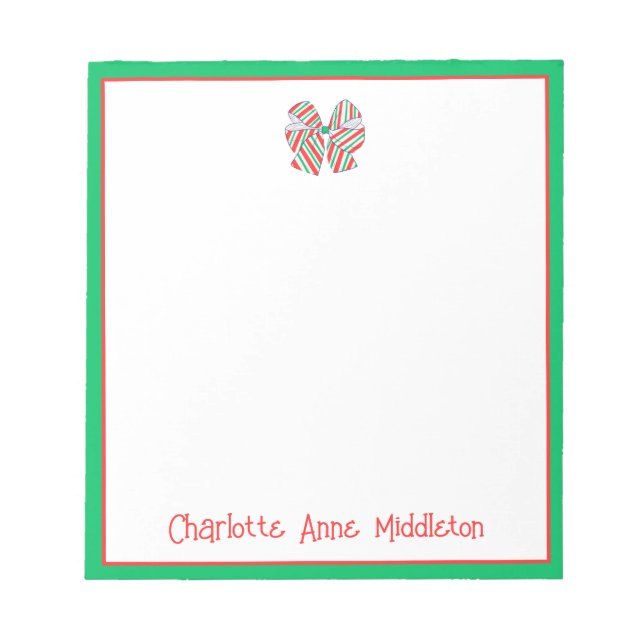 Holiday Red and Green Stripe Bow Personalised Notepad (Front)