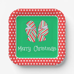 Holiday Red and Green Striped Bow and Polka Dots Paper Plate