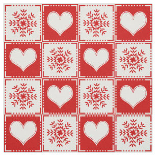 Holiday Red and White Snowflake Hearts Gingham Fabric