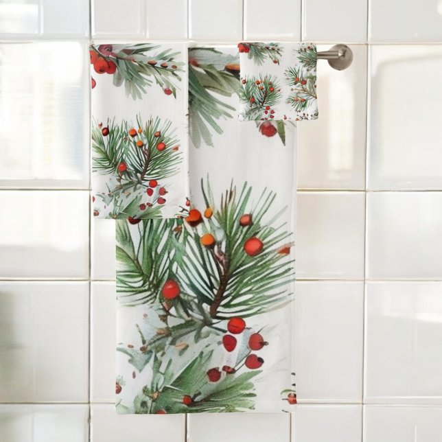 Holiday Red Berries & Pine Design Bath Towel Set (Creator Uploaded)