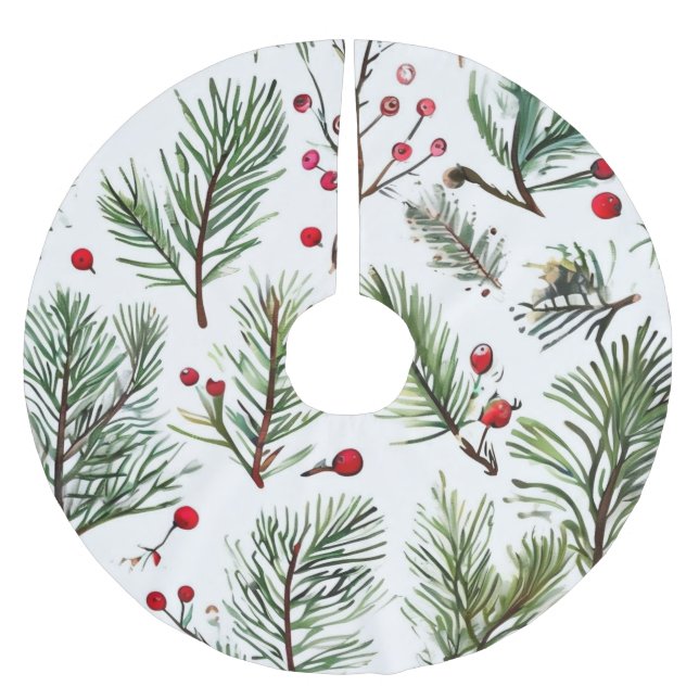 Holiday Red Berries & Pine Woodland Design Brushed Polyester Tree Skirt (Front)