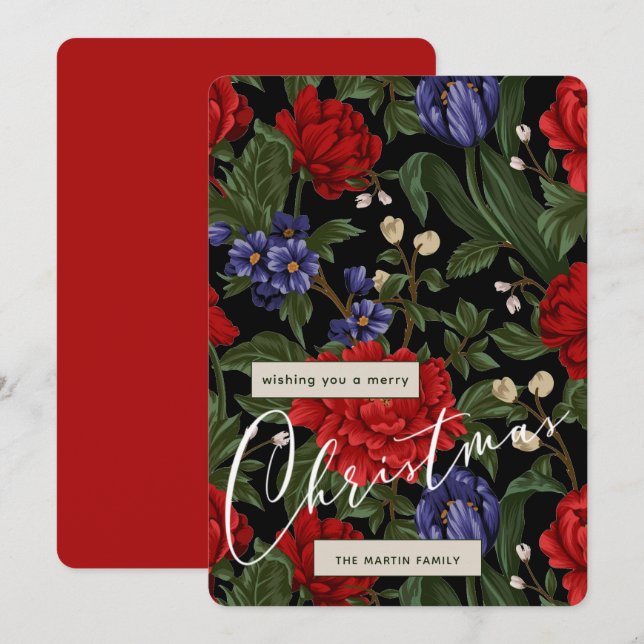Holiday Red Black Floral Merry Christmas Script Card (Front/Back)