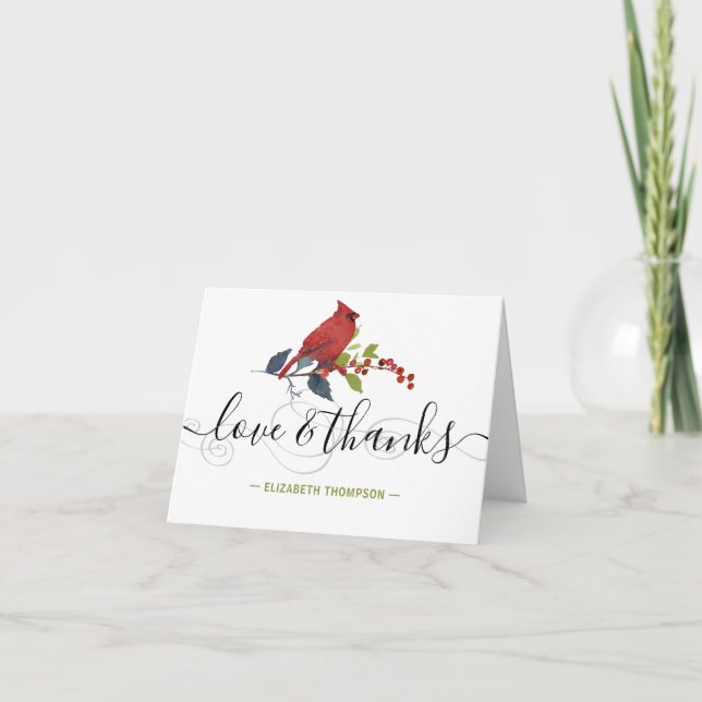Holiday Red Cardinal Love & Thanks Elegant Thank You Card (Front)
